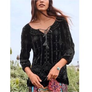 Johnny Was Althea Velvet Peasant Blouse Top Embroidered Tunic Black